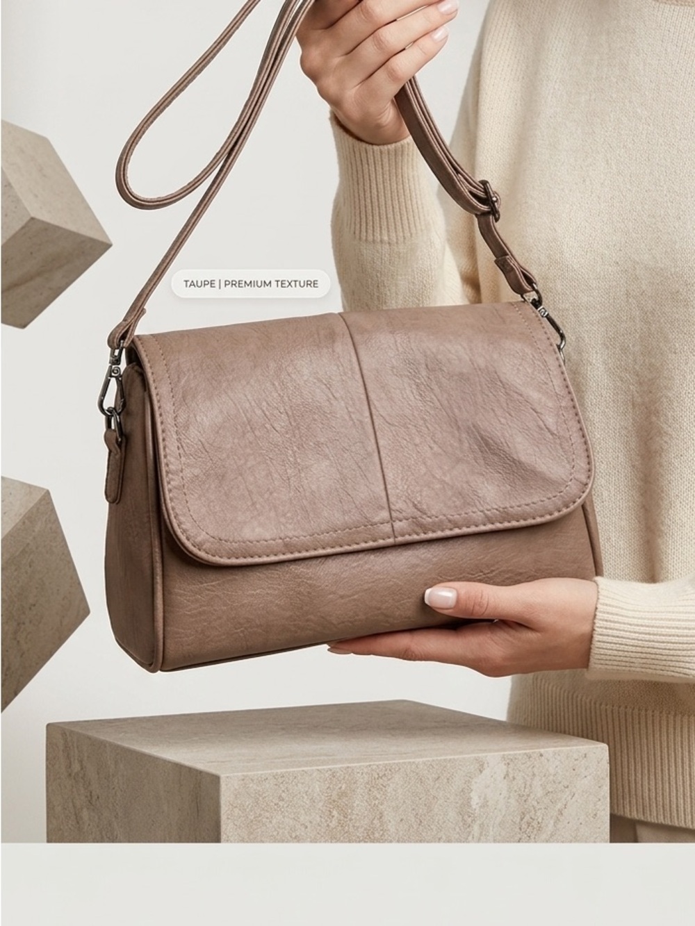 Taupe Leather Shoulder Bag with Flap Closure